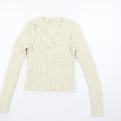 Zara Women Ivory Ribbed Knit Cut Out Pullover Jumper Size 12
