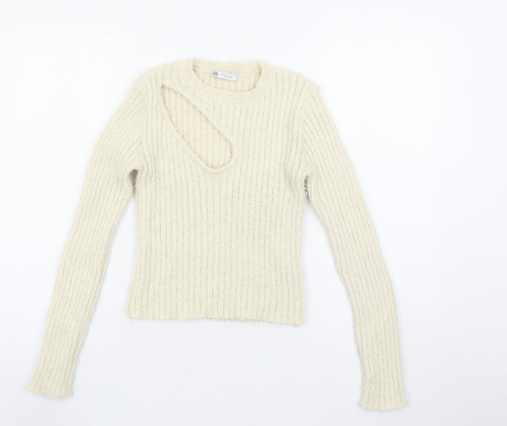 Zara Women Ivory Ribbed Knit Cut Out Pullover Jumper Size 12