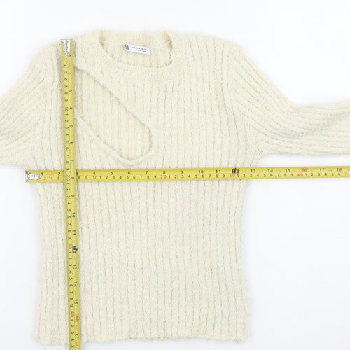 Zara Women Ivory Ribbed Knit Cut Out Pullover Jumper Size 12