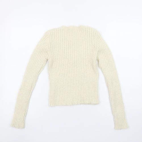 Zara Women Ivory Ribbed Knit Cut Out Pullover Jumper Size 12