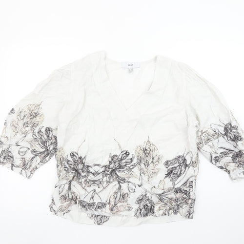 Next Womens Ivory Floral V-Neck 3/4 Sleeve Tunic Blouse Size 12