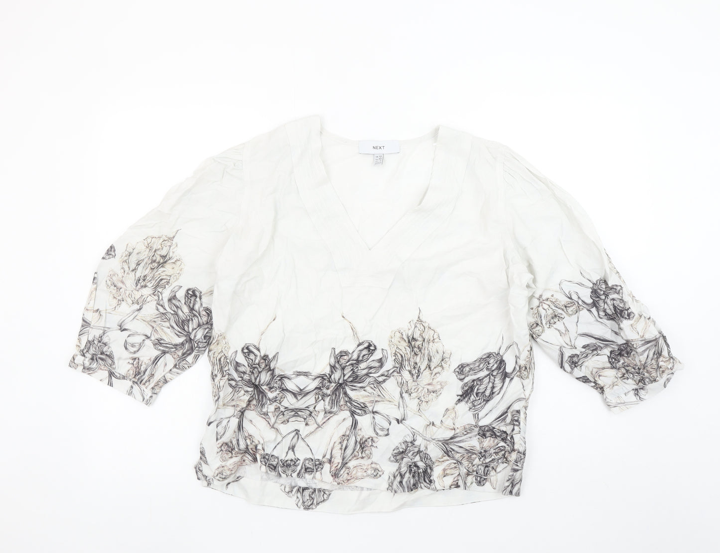 Next Womens Ivory Floral V-Neck 3/4 Sleeve Tunic Blouse Size 12