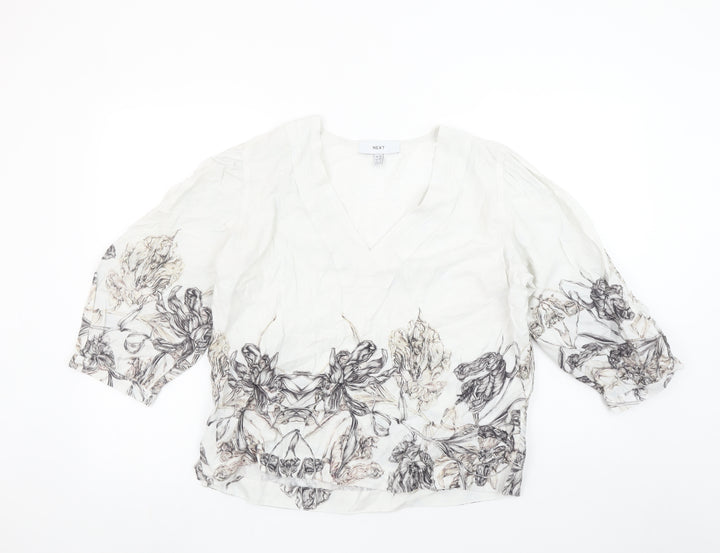 Next Womens Ivory Floral V-Neck 3/4 Sleeve Tunic Blouse Size 12