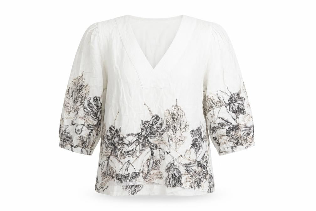 Next Womens Ivory Floral V-Neck 3/4 Sleeve Tunic Blouse Size 12