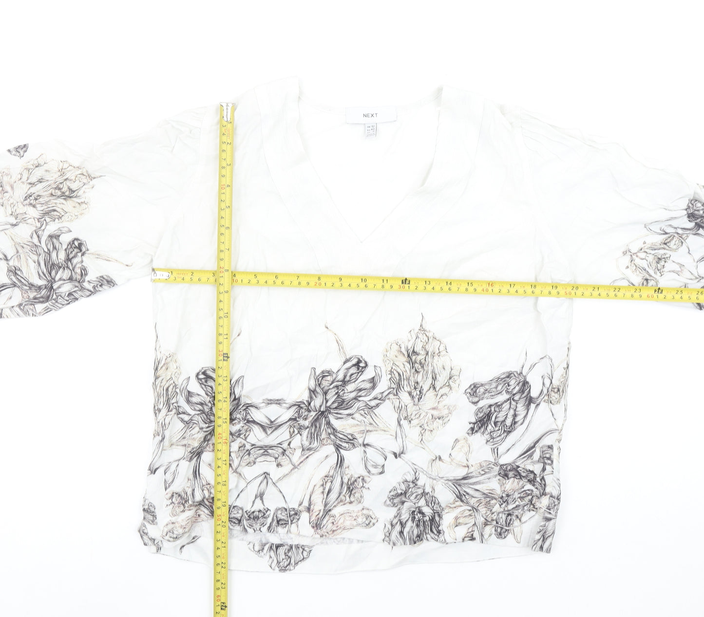 Next Womens Ivory Floral V-Neck 3/4 Sleeve Tunic Blouse Size 12