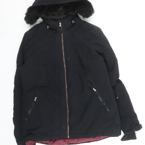 Crane Womens Black Fur Trim Hooded Parka Jacket Size 12