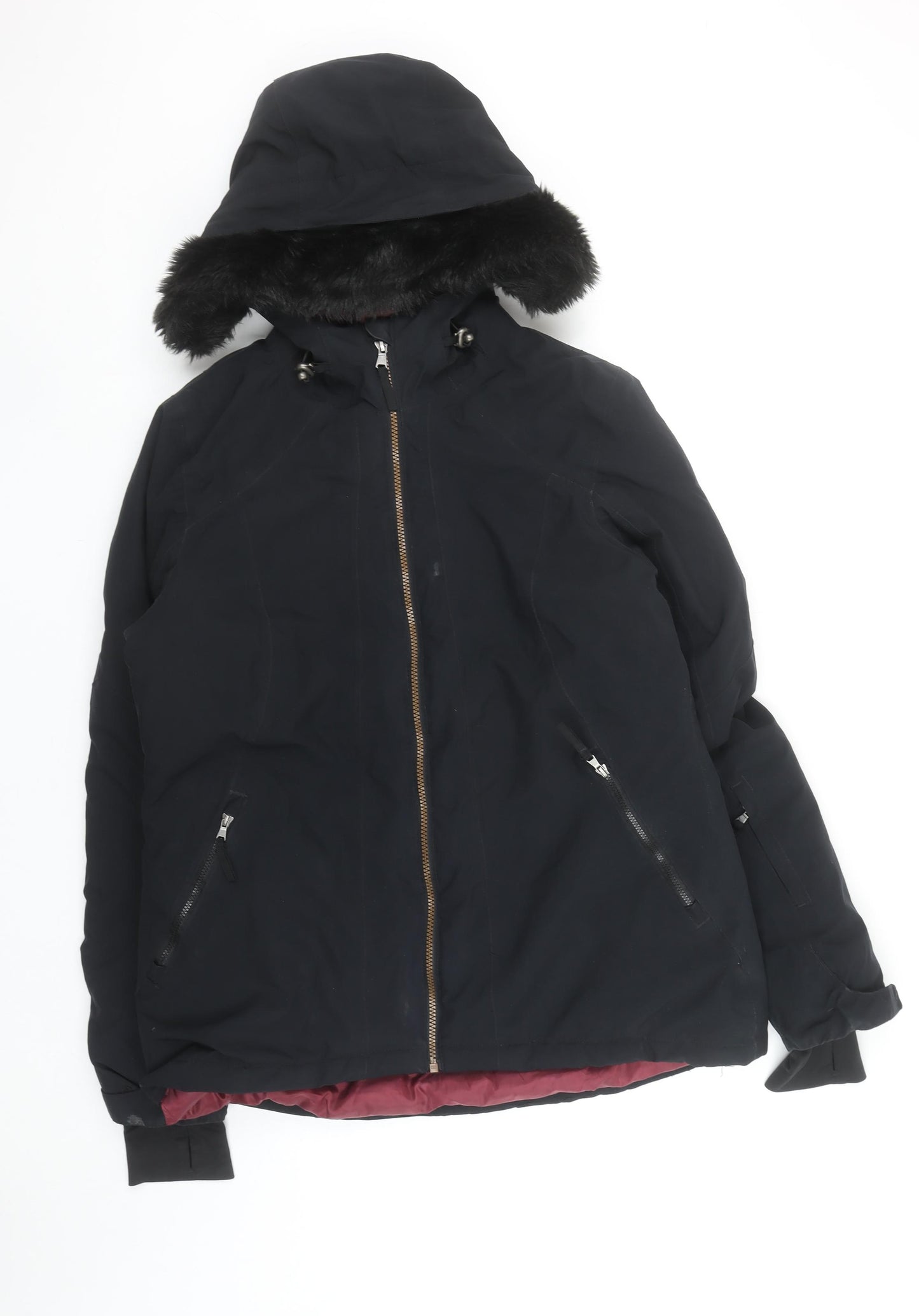 Crane Womens Black Fur Trim Hooded Parka Jacket Size 12