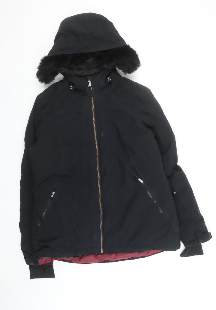 Crane Womens Black Fur Trim Hooded Parka Jacket Size 12
