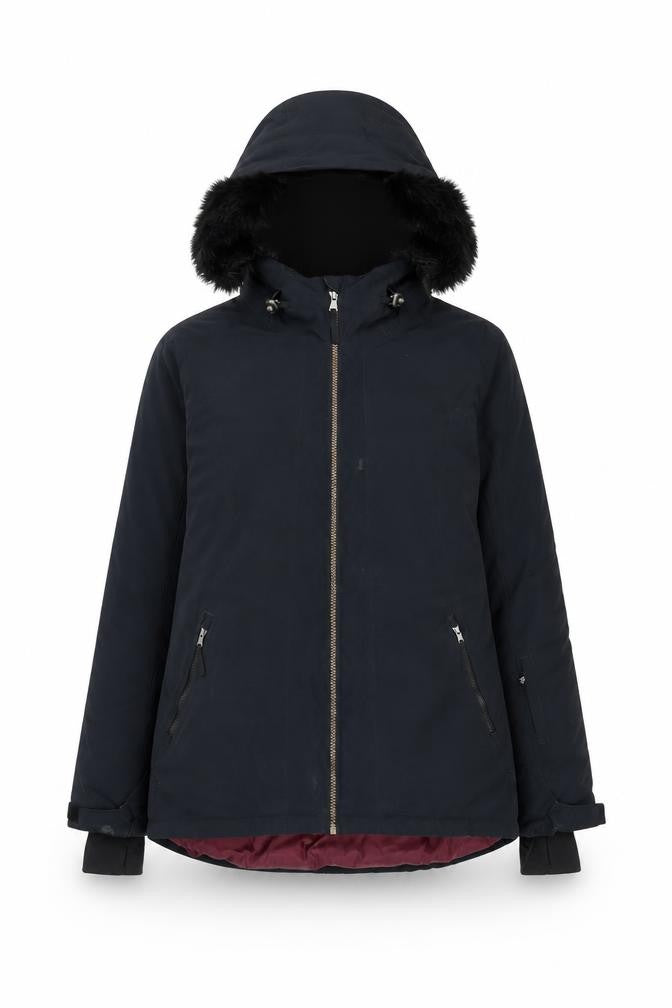 Front view of Crane women’s black fur trim hooded parka jacket, size UK 12