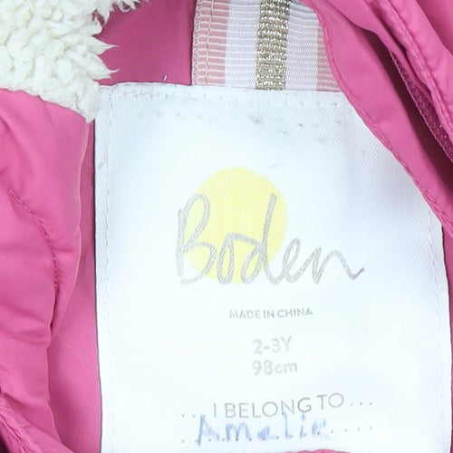 Boden Girls Pink Hooded Duffle Coat 2-3 Years Padded Winter Outerwear
