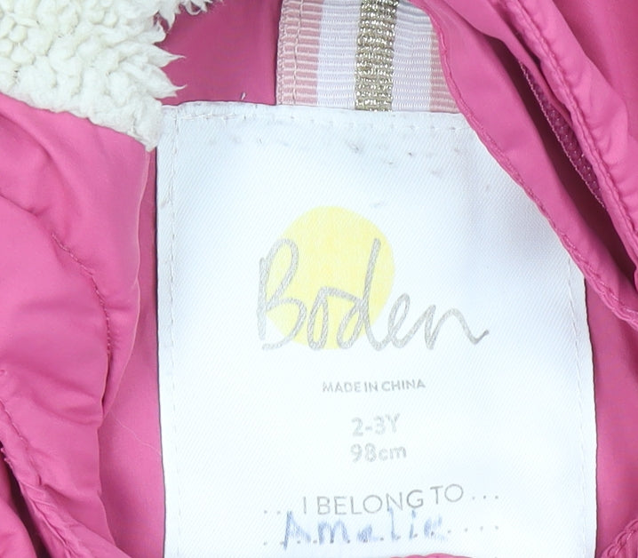 Boden Girls Pink Hooded Duffle Coat 2-3 Years Padded Winter Outerwear