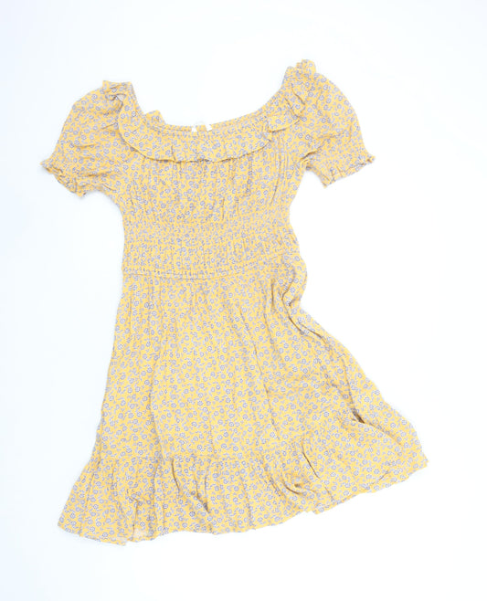 Marks and Spencer Girls Yellow Floral Off Shoulder Smocked Skater Dress 12-13 Years