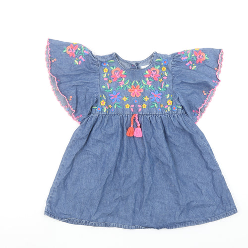 Next Girls Blue Denim Floral Embroidered Short Dress 3-4 Years
