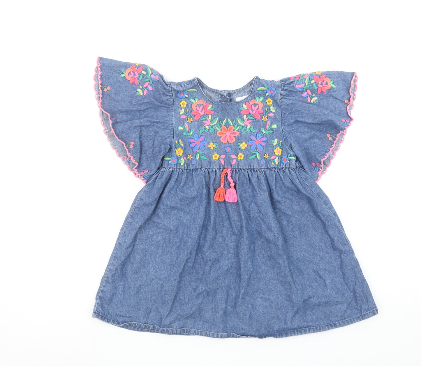 Next Girls Blue Denim Floral Embroidered Short Dress 3-4 Years