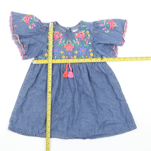Next Girls Blue Denim Floral Embroidered Short Dress 3-4 Years
