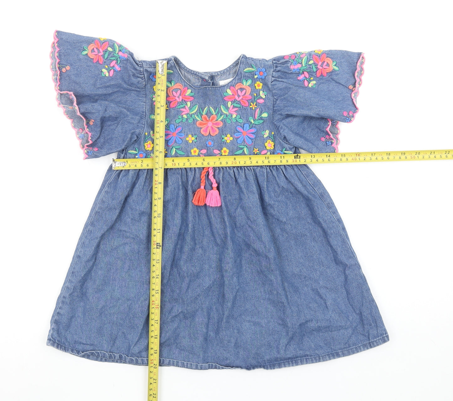 Next Girls Blue Denim Floral Embroidered Short Dress 3-4 Years