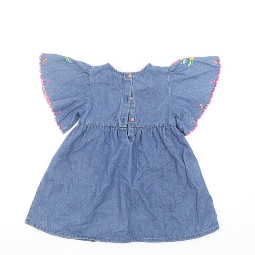 Next Girls Blue Denim Floral Embroidered Short Dress 3-4 Years
