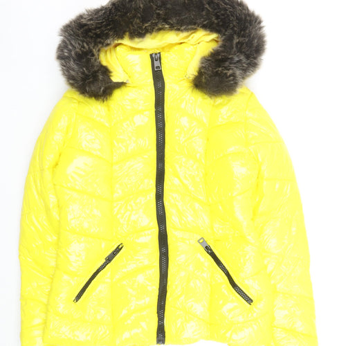 How Dare U Women Yellow Fur Trim Hooded Puffer Jacket Size M Winter Coat