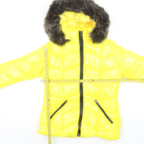 How Dare U Women Yellow Fur Trim Hooded Puffer Jacket Size M Winter Coat