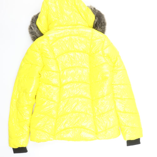 How Dare U Women Yellow Fur Trim Hooded Puffer Jacket Size M Winter Coat