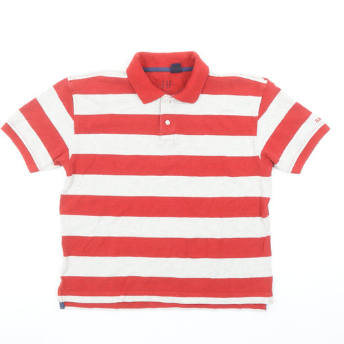 GAP Boys Red Striped Cotton Polo Shirt 7-8 Years Short Sleeve Classic Fit