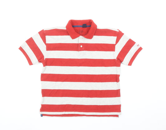 GAP Boys Red Striped Cotton Polo Shirt 7-8 Years Short Sleeve Classic Fit