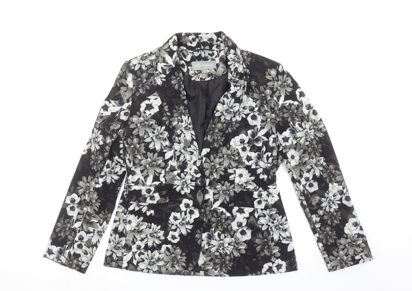 Marks and Spencer Women Grey Floral Blazer UK 12 Regular Fit Single Breasted