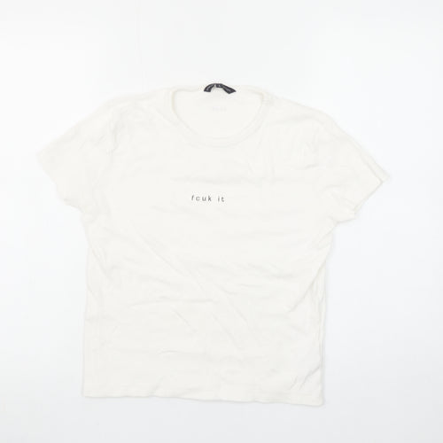French Connection Women White L Basic Cotton T-Shirt Funny Print