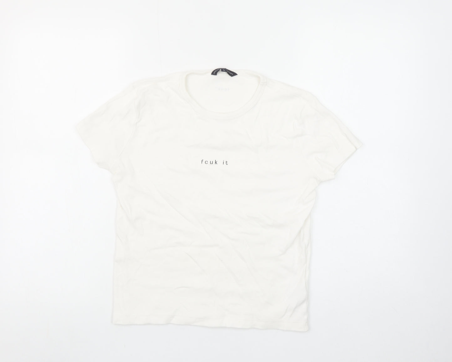 French Connection Women White L Basic Cotton T-Shirt Funny Print
