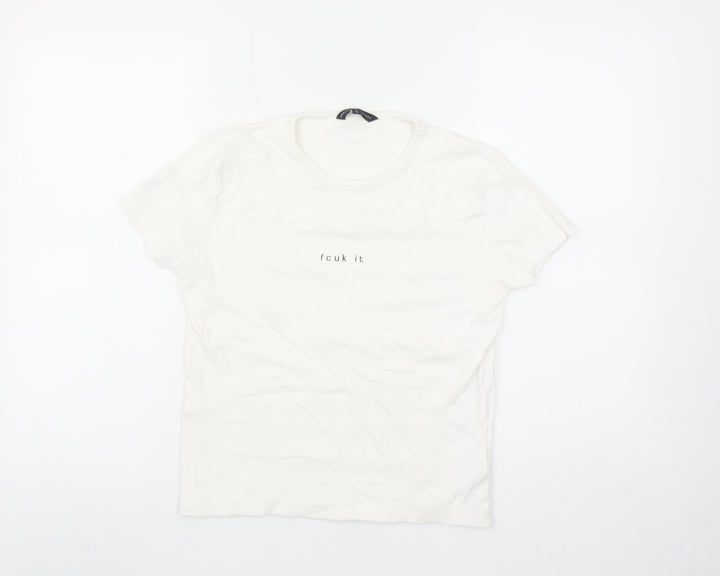 French Connection Women White L Basic Cotton T-Shirt Funny Print
