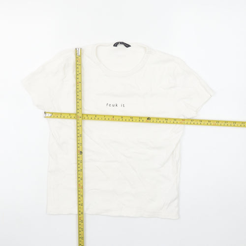 French Connection Women White L Basic Cotton T-Shirt Funny Print