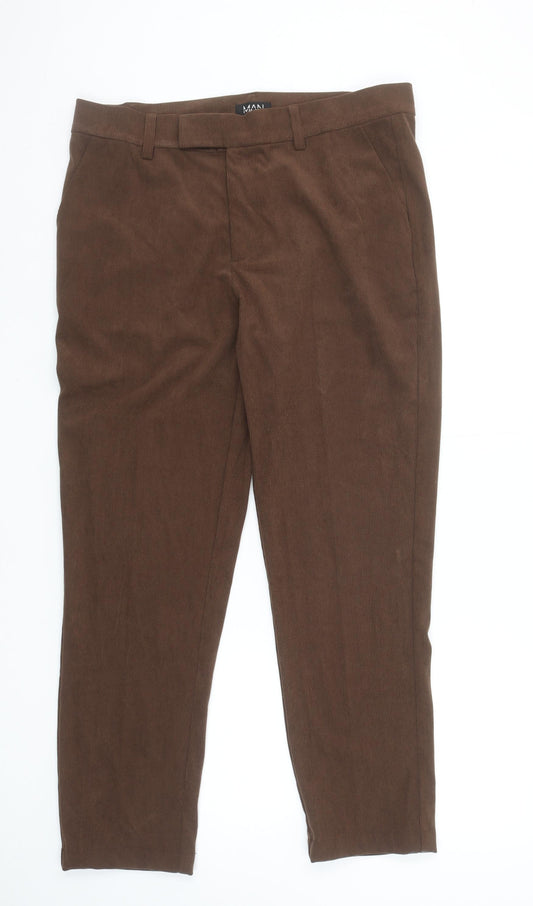 boohooMAN Men's Brown Corduroy Chino Trousers Size L Regular Fit