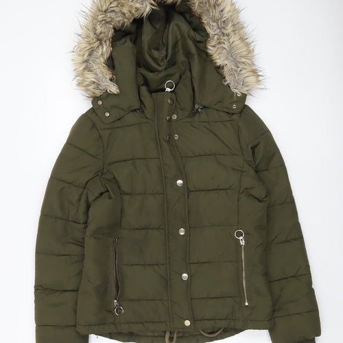 Topshop Women’s Green Faux Fur Hooded Puffer Jacket Size 10