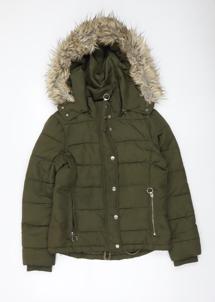 Topshop Women’s Green Faux Fur Hooded Puffer Jacket Size 10