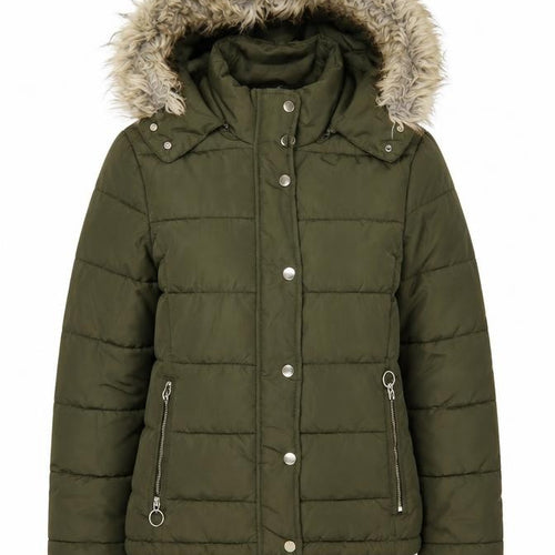 Topshop Women’s Green Faux Fur Hooded Puffer Jacket Size 10