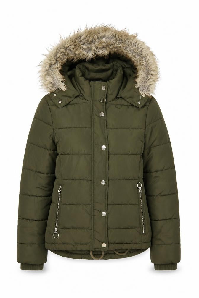 Topshop Women’s Green Faux Fur Hooded Puffer Jacket Size 10