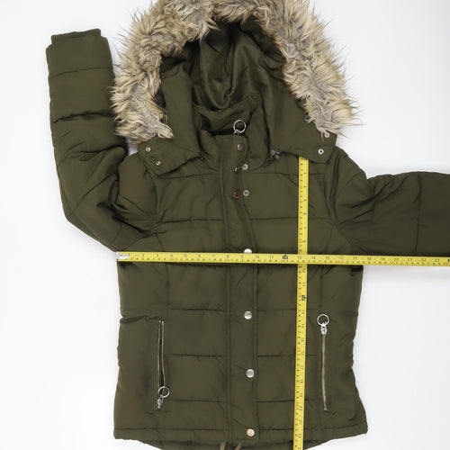 Topshop Women’s Green Faux Fur Hooded Puffer Jacket Size 10