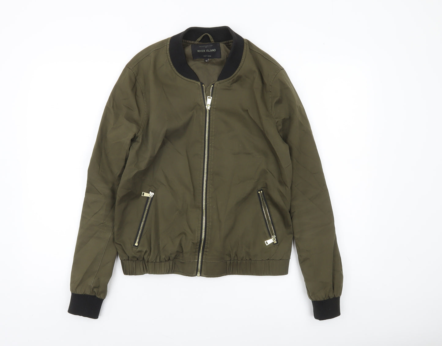 River Island Womens Green Bomber Jacket Size 12 Full Zip Casual