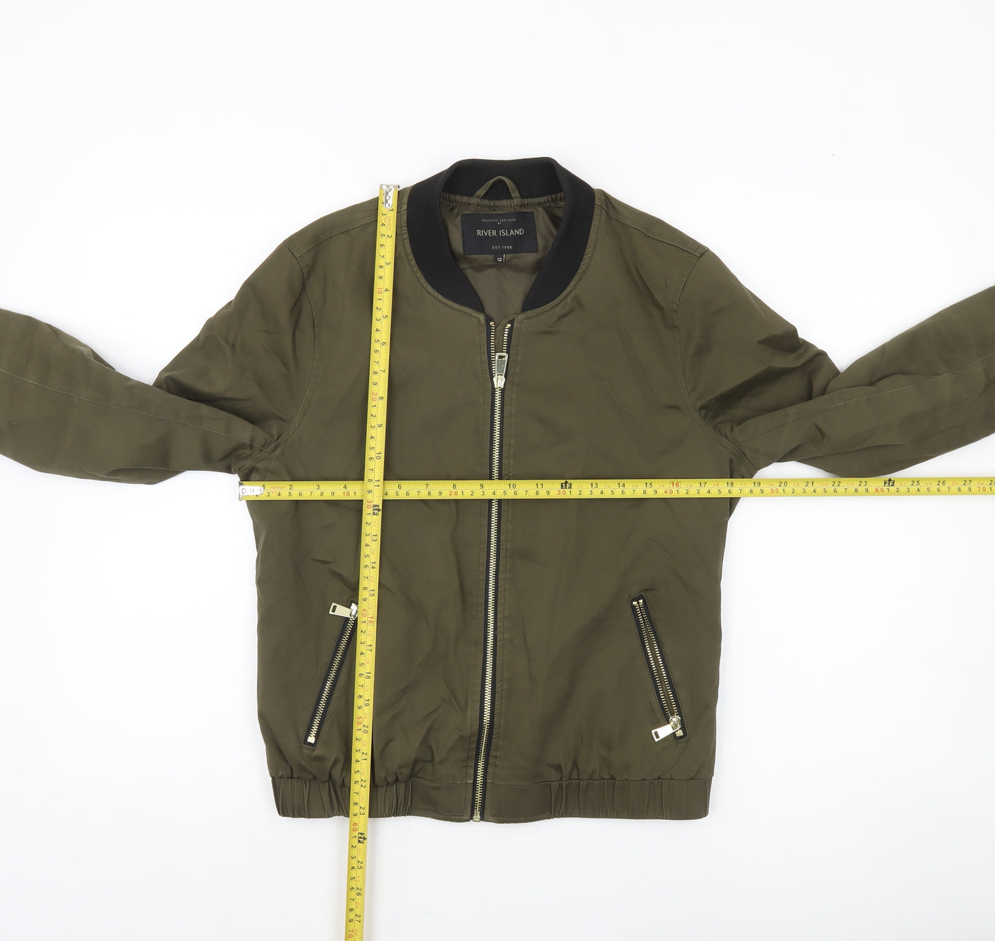 River Island Womens Green Bomber Jacket Size 12 Full Zip Casual