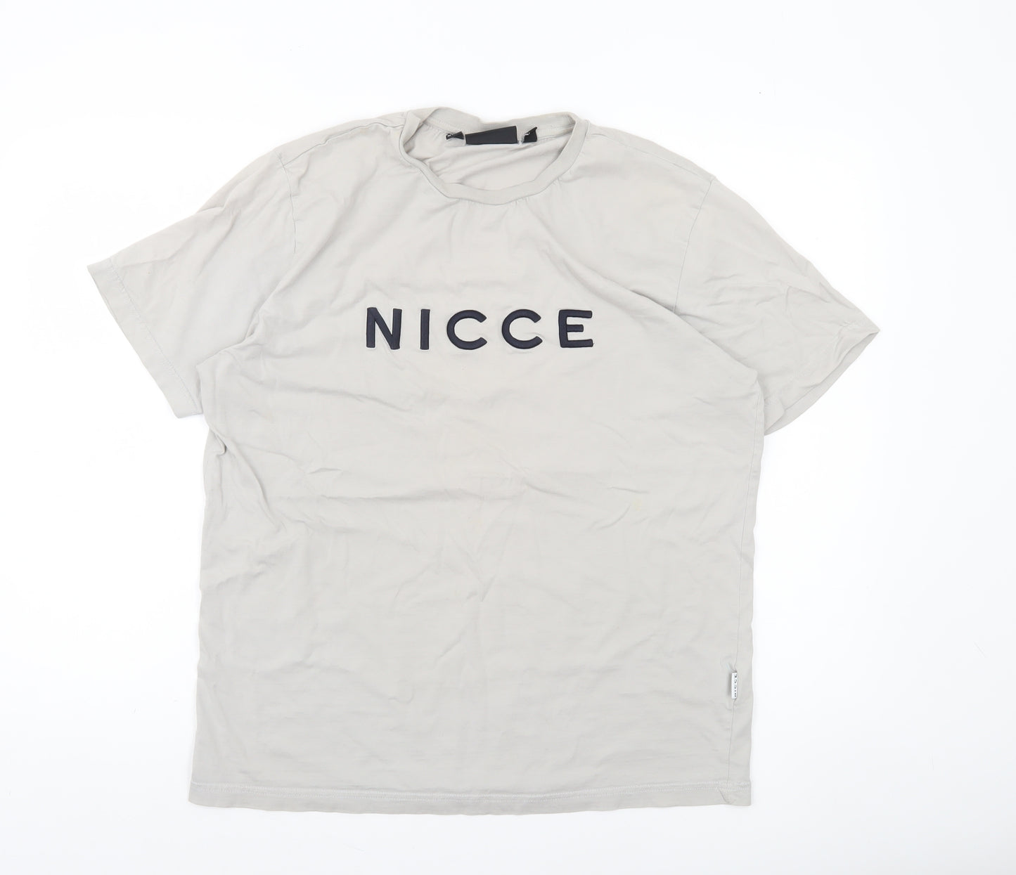 Nicce Men Beige Cotton Short Sleeve Crew Neck Logo T-Shirt Size L