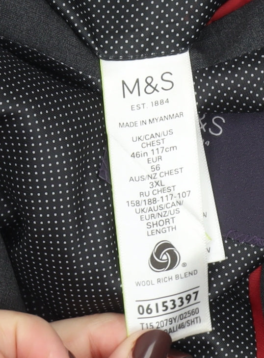 Marks and Spencer Men's Grey Wool Blend 3XL Short Formal Blazer Jacket