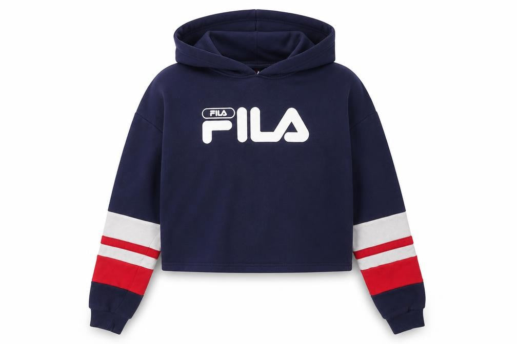 Front view of Fila Women’s Navy Pullover Hoodie S Cropped Logo Sweatshirt
