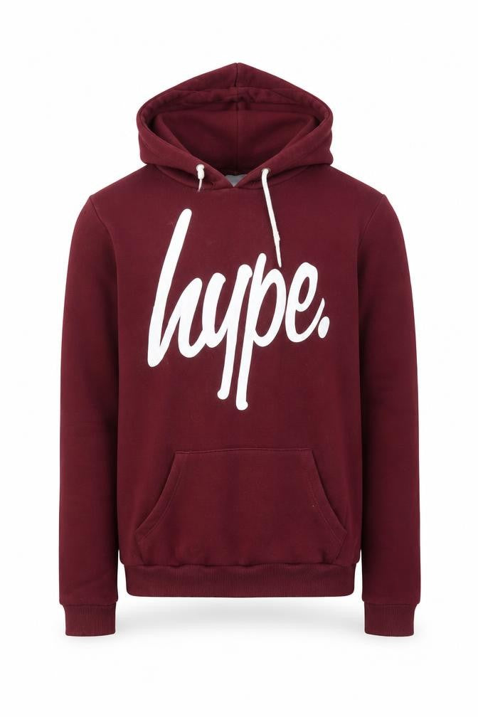Front view of Hype Men's Red Pullover Hoodie Small Logo Graphic Print