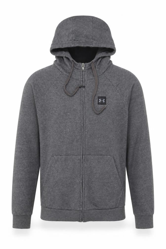 Front view of Under Armour Men's Grey Full Zip Hoodie, size S, Fleece Lined