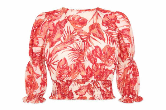 Front view of Gallery Women’s Red Floral Print Long Sleeve V-Neck Blouse, size UK 12