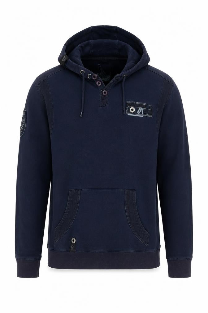 Front view of Red Herring Men's Navy Blue Pullover Hoodie, size M, Cotton