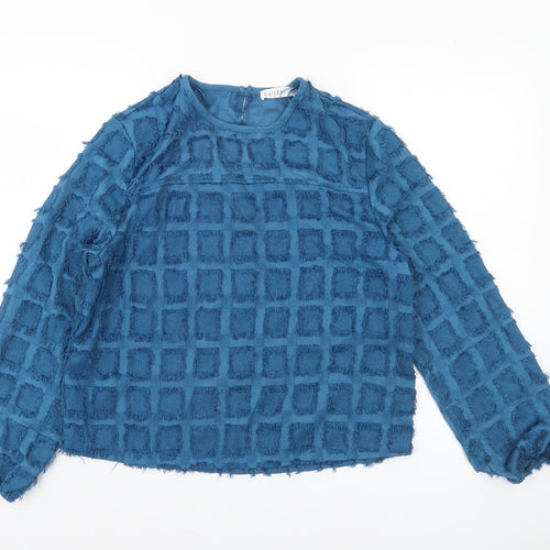 Gallery Women’s Blue Textured Check Long Sleeve Tunic Blouse UK 12