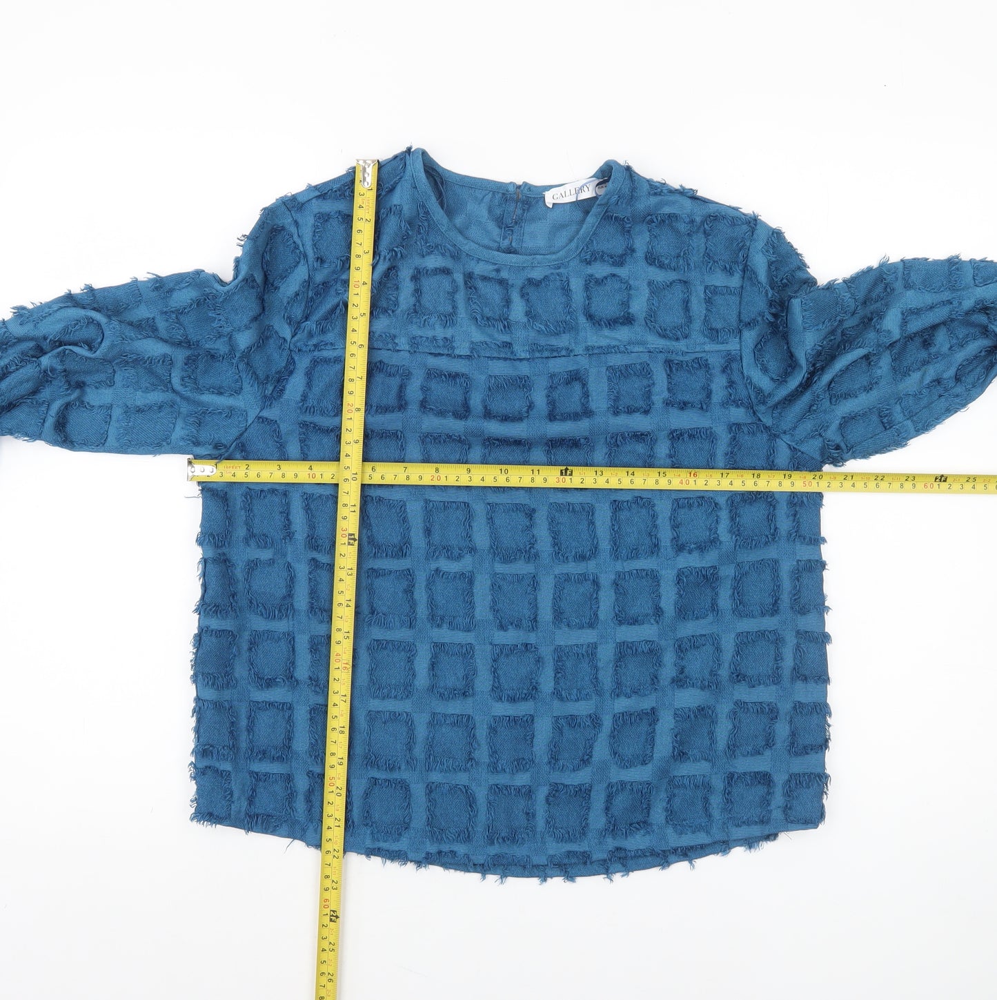 Gallery Women’s Blue Textured Check Long Sleeve Tunic Blouse UK 12