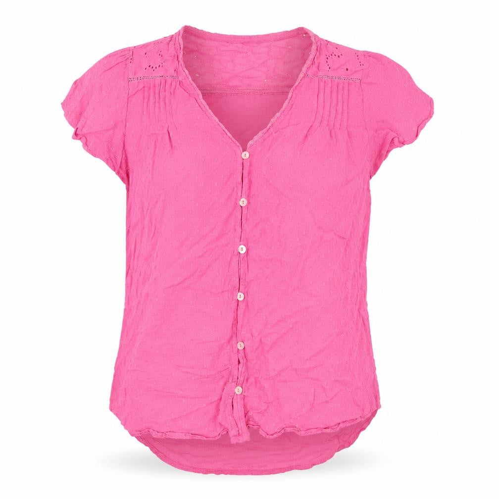 Front view of Dunnes Women’s Pink Cotton Short Sleeve Button Blouse, size S