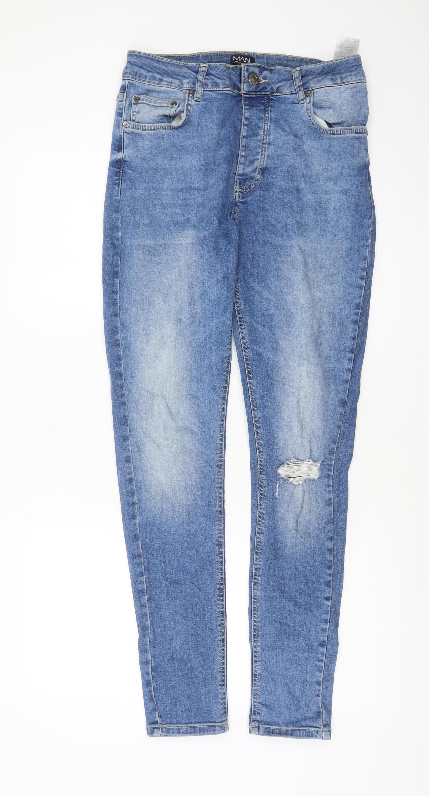 boohooMAN Men’s Blue Skinny Distressed Stretch Denim Jeans Size 34